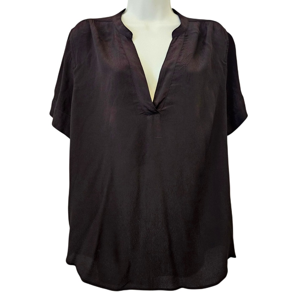 J Crew Top Size Small Black Short Sleeve Lightweight Tunic Blouse Split V Neck